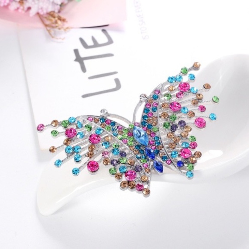Colorful Rhinestone Silver Butterfly Brooch Pin - Picture 2 of 4